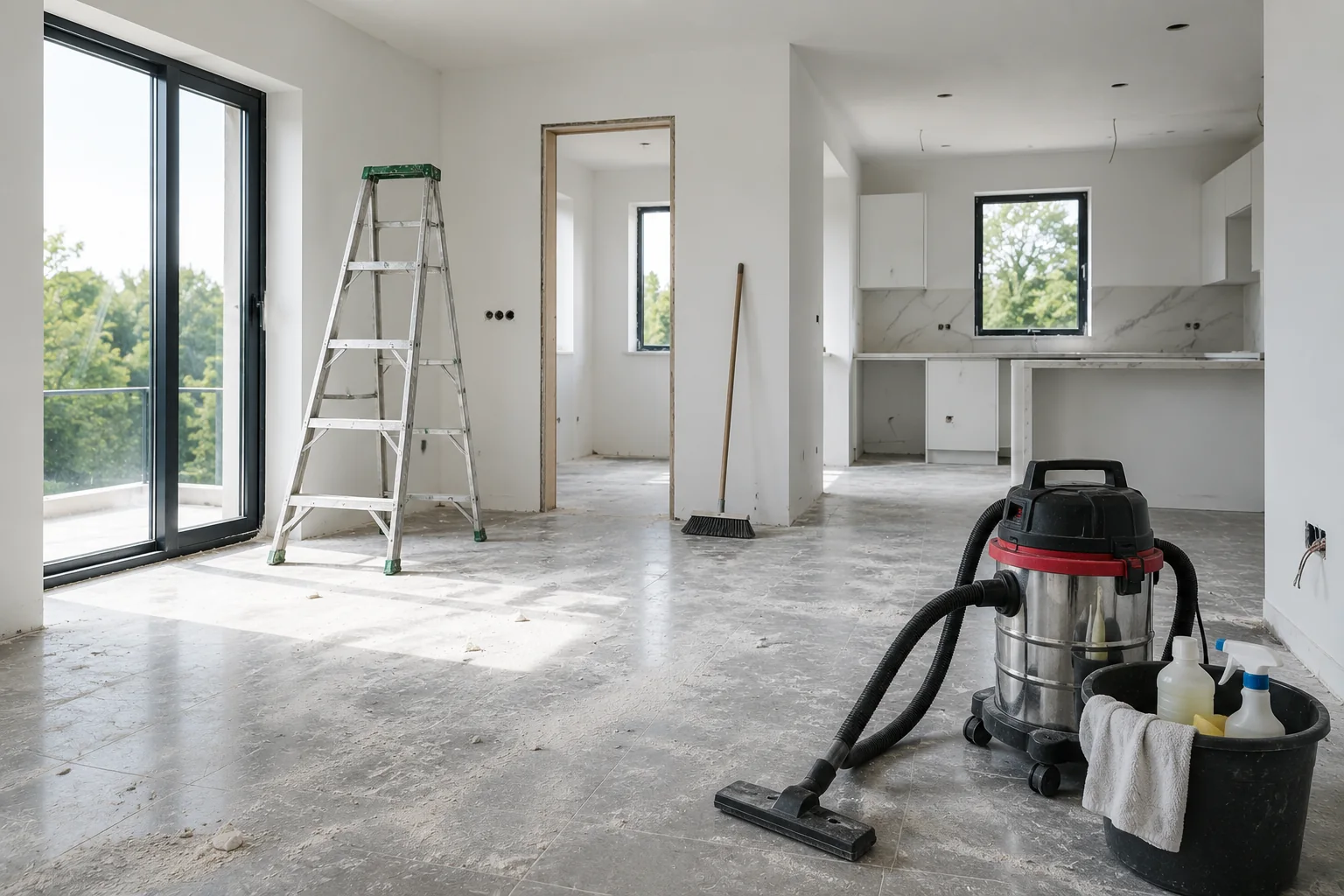 Newly renovated property undergoing post-build cleaning