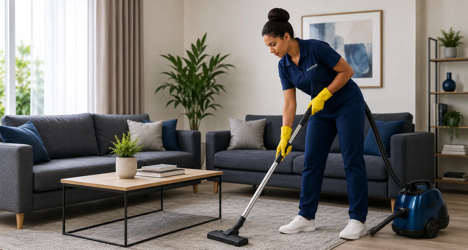 Professional cleaner vacuuming a modern living room
